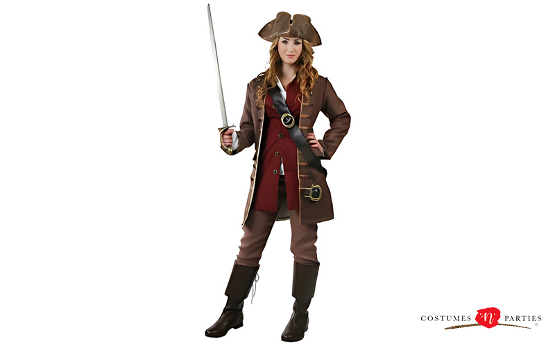 Woman wearing a classic pirate costume with a sword
